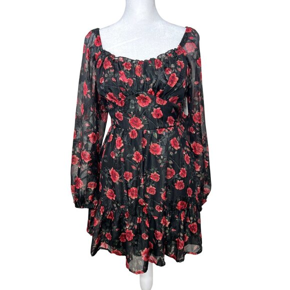 Altard State Floral Puff Long-Sleeve Mini Dress XS Black & Red - Picture 13 of 14